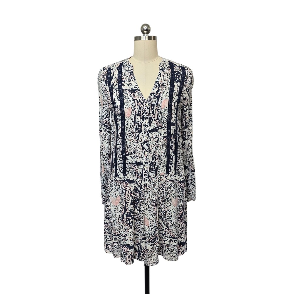Anthropologie Tiny Paisley Mini‎ Dress Navy Pink Lace Trim Long Sleeve Size XS